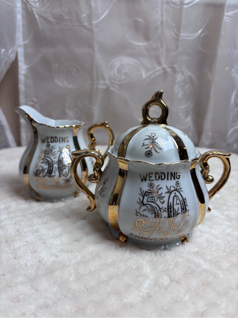 Vintage Gold-Trim White 'Wedding 50th Anniversary' Porcelain Sugar and Creamer
